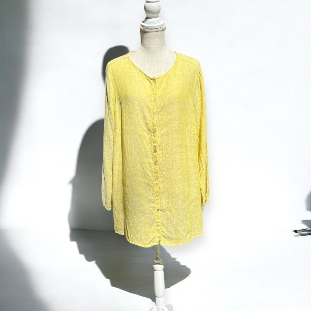 🌻Tahari Pear Color Linen Lagenlook Button Roll-Tab Tunic Blouse Size 1X - Picture 2 of 8